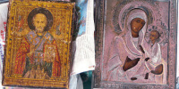 Тихвинская икона Божией Матери в серебряном окладе и икона Николая Чудотворца» - фото