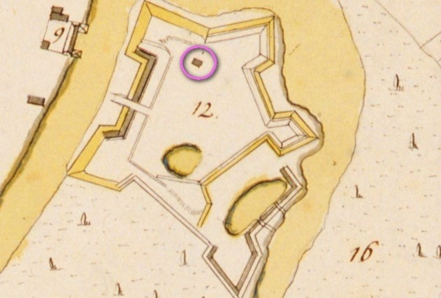 Возможное место расположения каменного склепа на плане Берестейского замка 1740 года. Иллюстрацию предоставил из своего доклада для TOMIN.BY Анатолий Гладыщук.