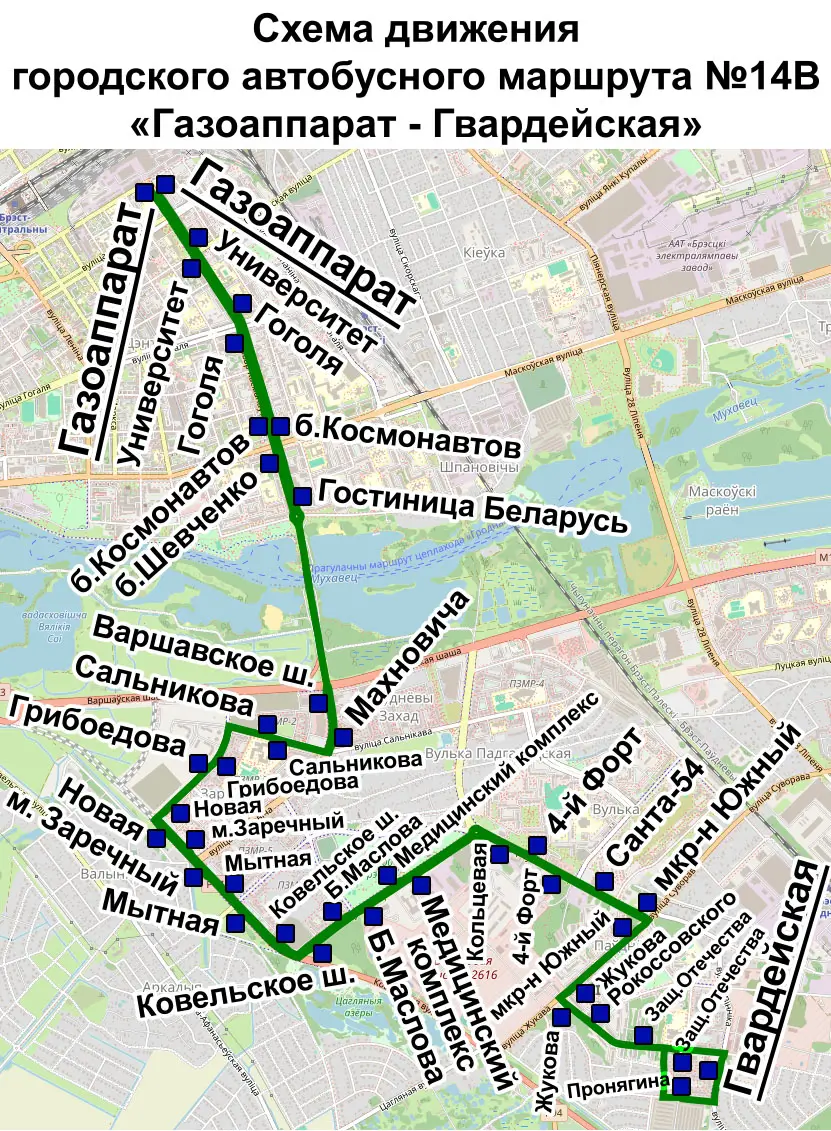 Схема движения автобусов по маршруту 14В в Бресте