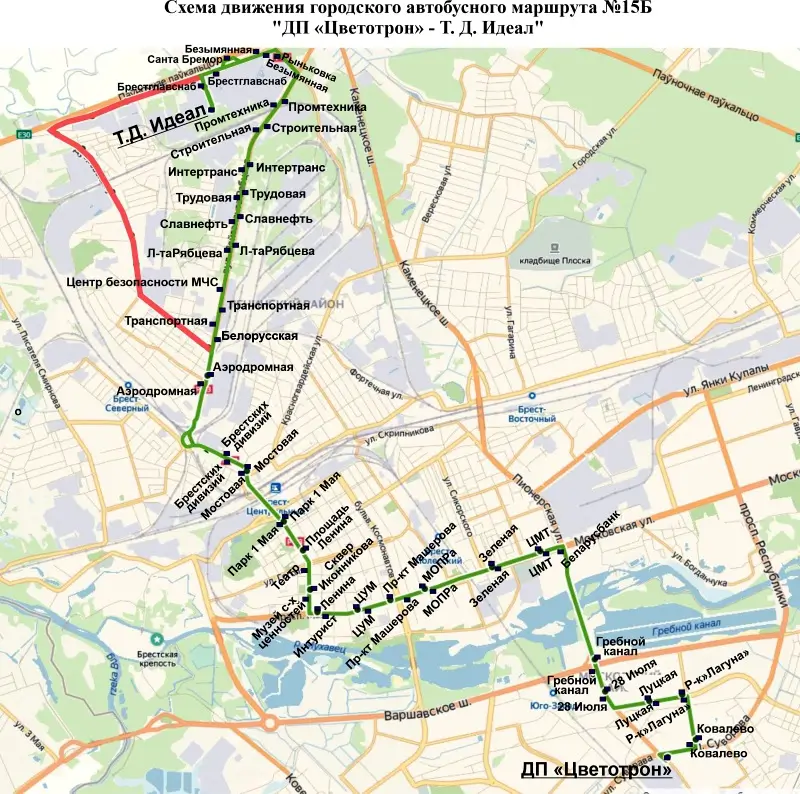 Новая схема движения автобусов по маршруту № 15Б в Бресте