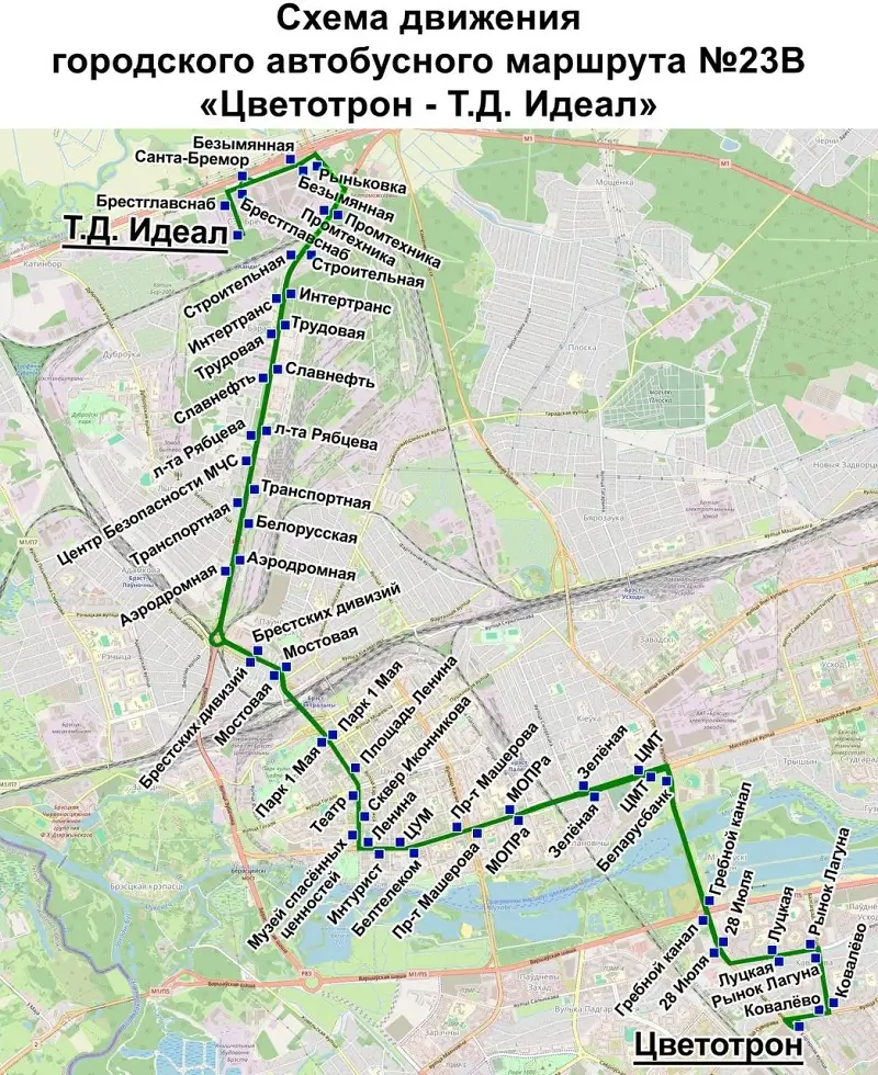 Схема движения автобусов по маршруту № 23В в Бресте