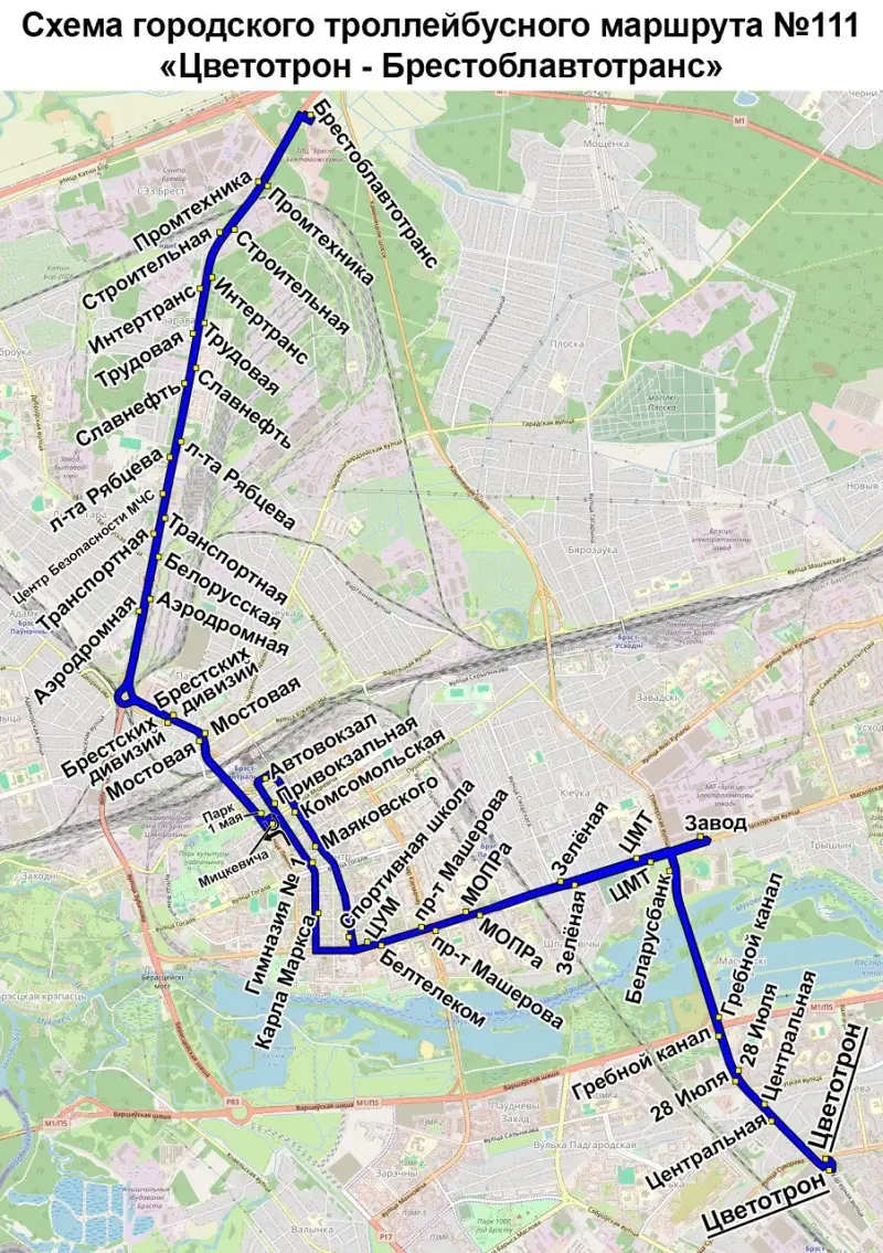Троллейбусный маршрут № 11 в Бресте. Схема движения
