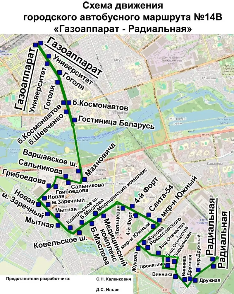 Схема движения автобуса № 14В в Бресте