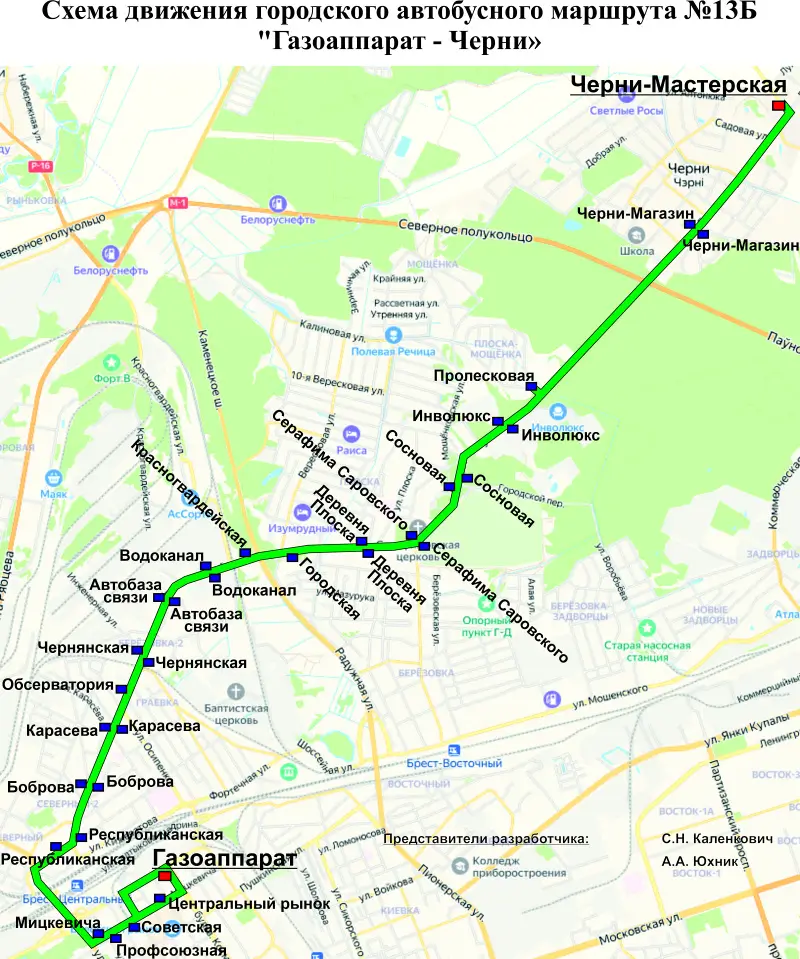 Схема движения автобусов по маршруту № 13Б в Бресте