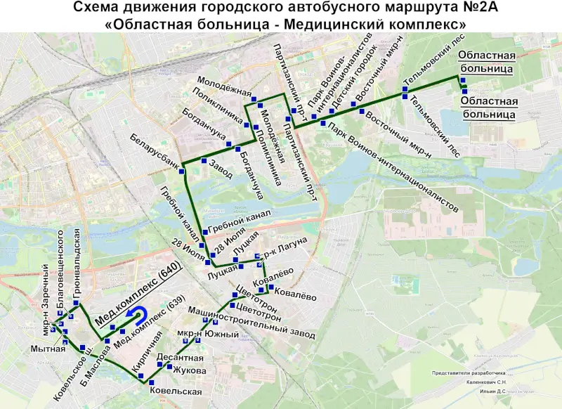 Схема движения автобусов по маршруту № 2А в Бресте