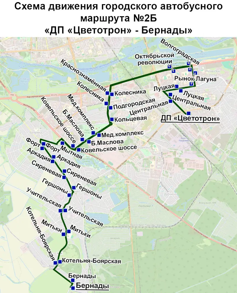 Схема движения автобусов по маршруту № 2Б в Бресте