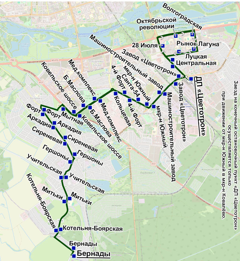 Схема движения автобусов по маршруту № 2Б в Бресте