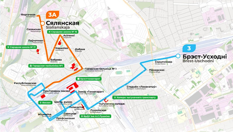 Схема движения автобусов по маршруту № 3А в Бресте