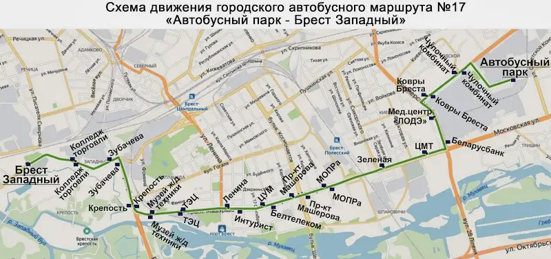 Схема движения автобусов по маршруту № 17 в Бресте