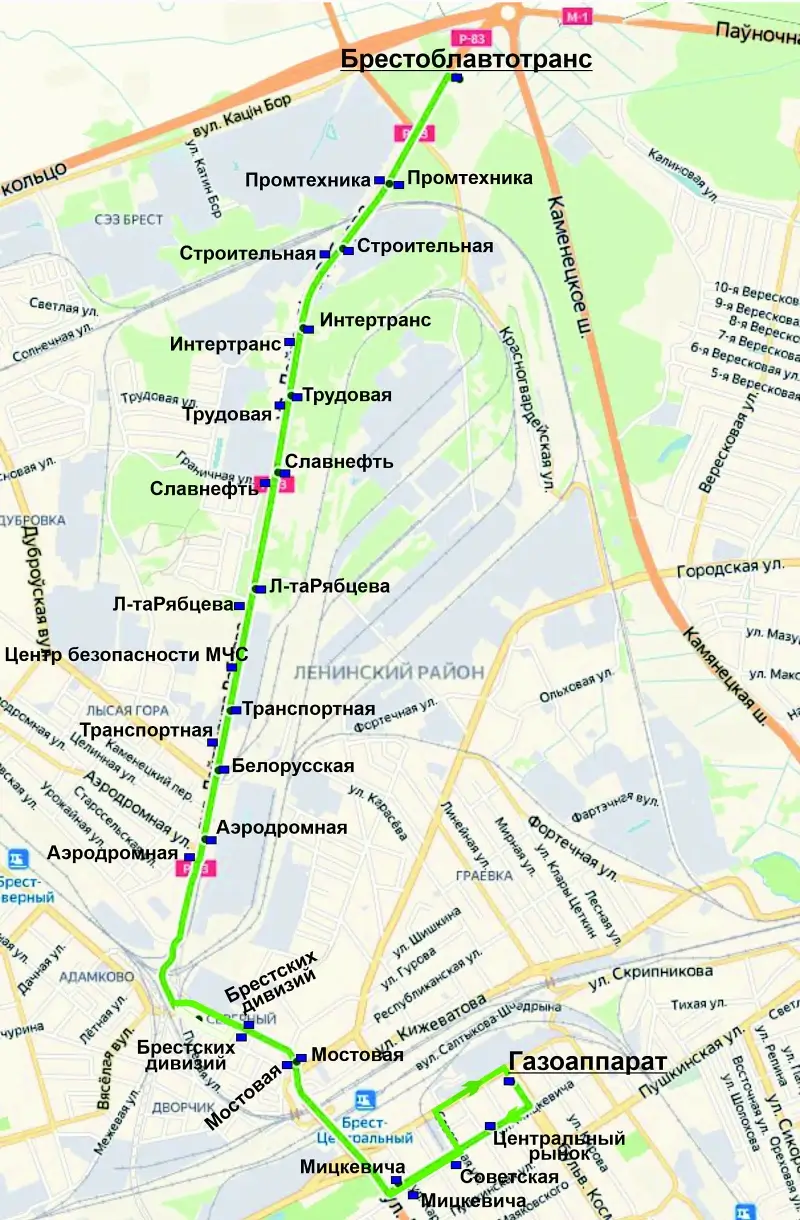 Схема движения автобусов по маршруту № 21 в Бресте