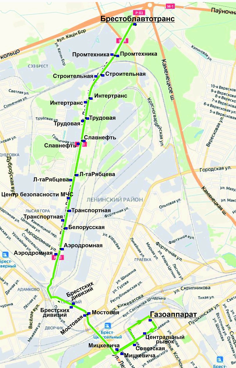 Схема движения автобусов по маршруту № 21 в Бресте