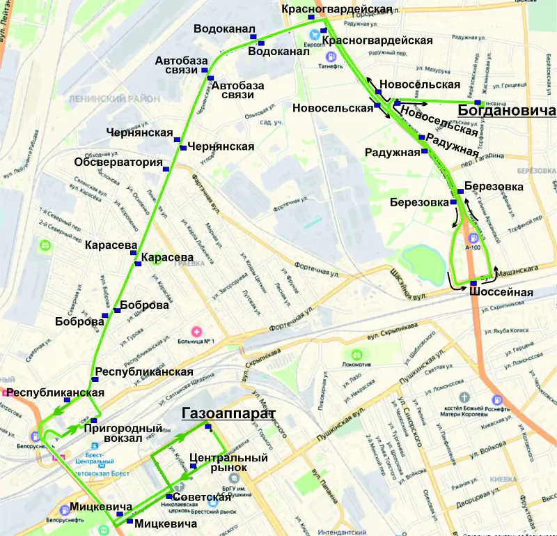 Схема движения автобусов по маршруту № 25 в Бресте Схема движения автобусов по маршруту № 25 в Бресте
