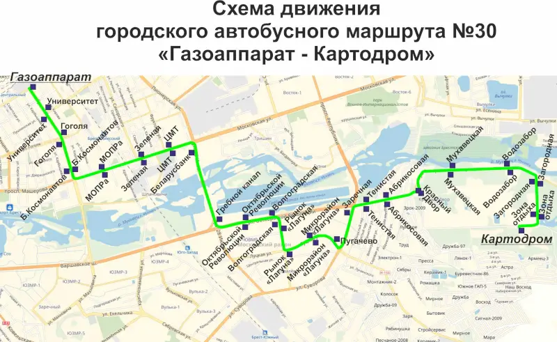 Схема движения автобусов по маршруту № 30 в Бресте Схема движения автобусов по маршруту № 30 в Бресте