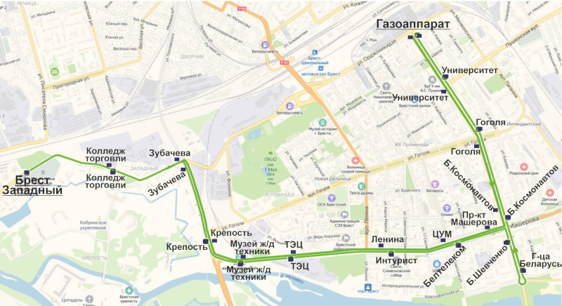 Схема движения автобуов по маршруту № 33 в Бресте
