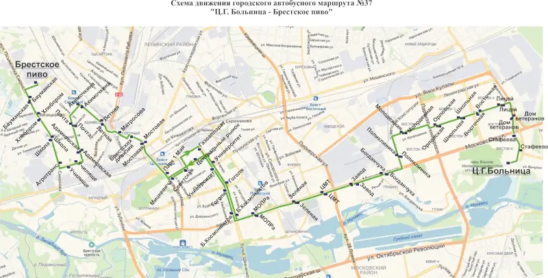 Схема движения автобусов по маршруту № 37 в Бресте Схема движения автобусов по маршруту № 37 в Бресте