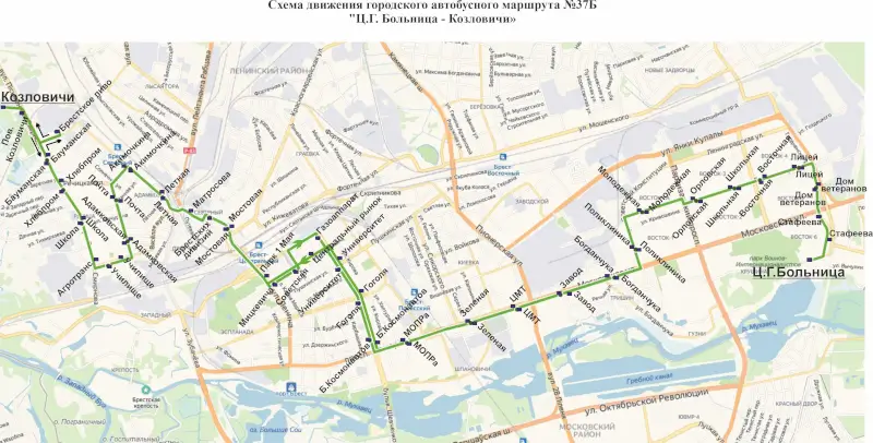 Схема движения автобусов по маршруту № 37Б в Бресте