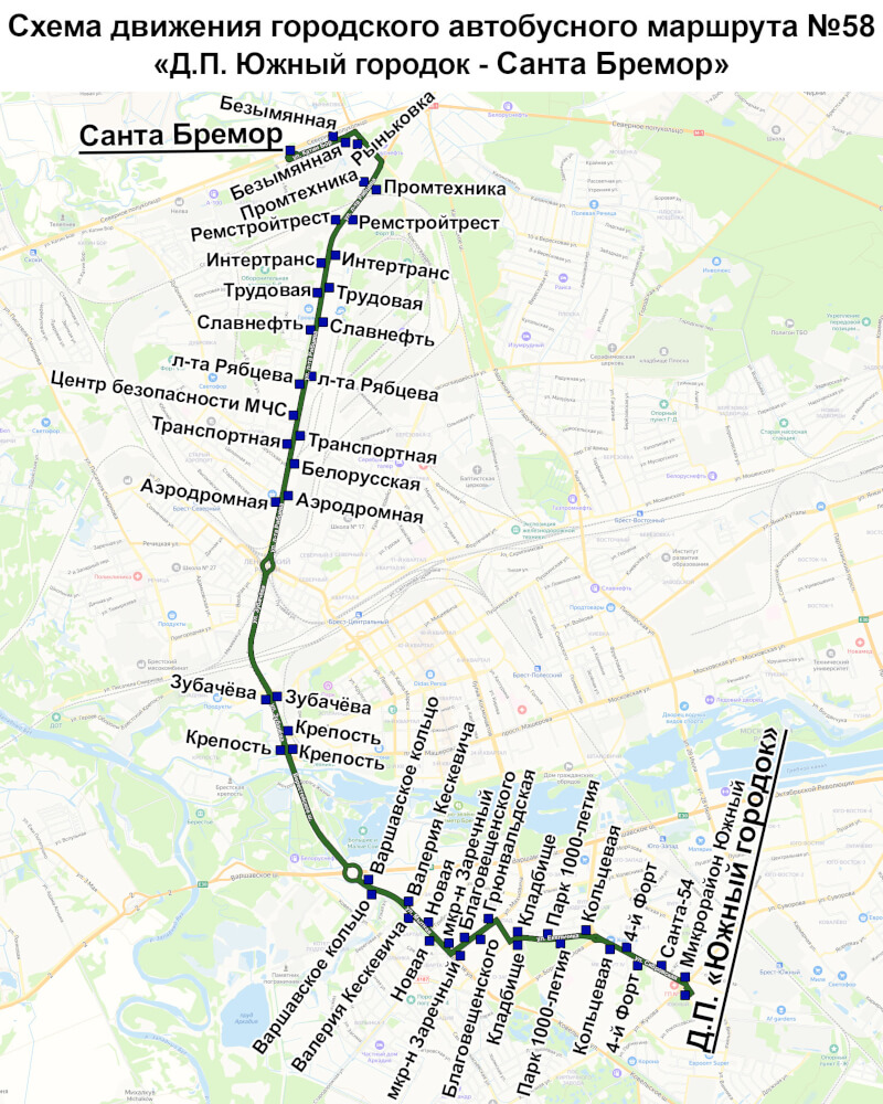 Схема движения автобусов по маршруту № 58 в Бресте