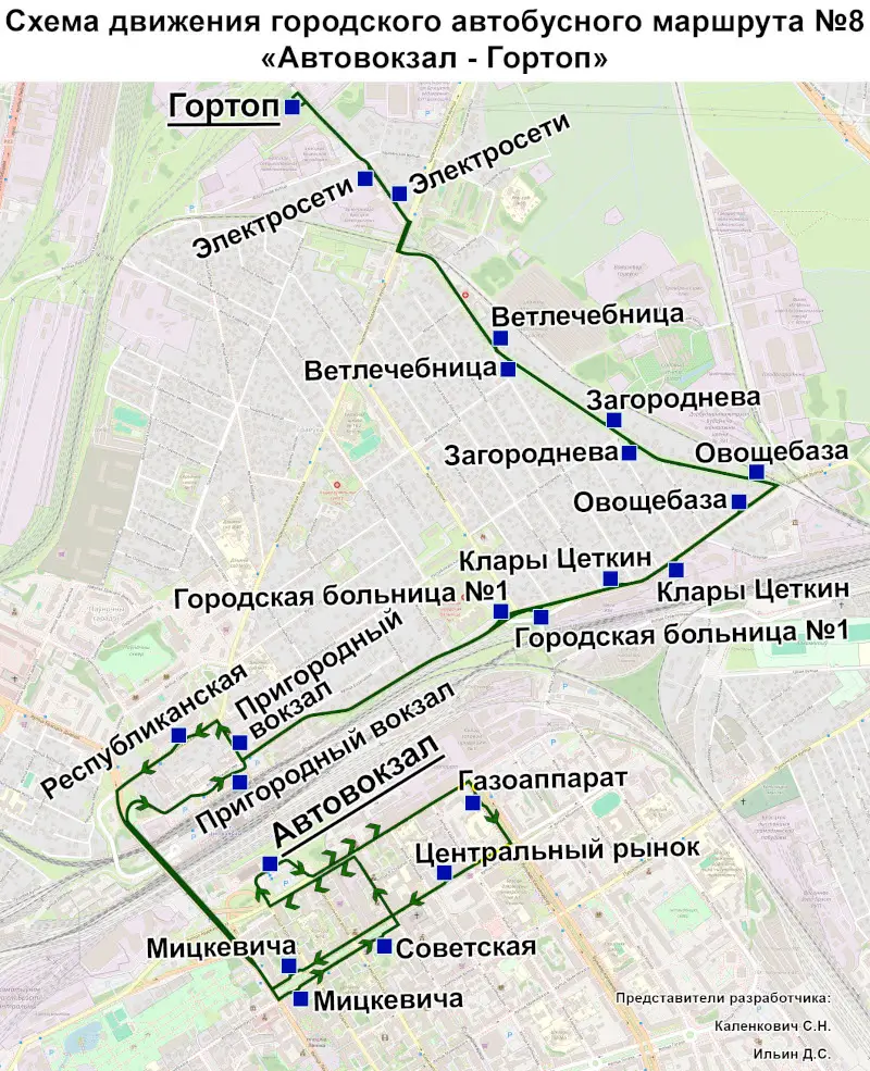 Схема движения автобусов по маршруту № 8 в Бресте