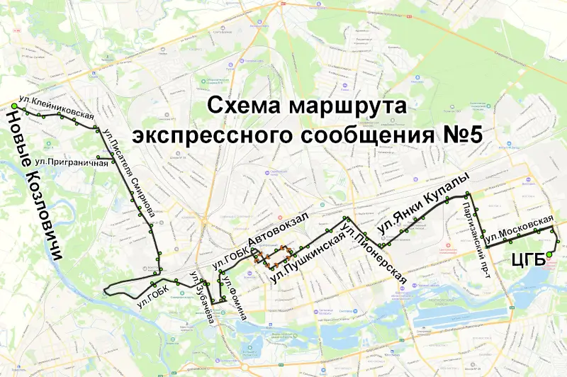 Схема движения маршрутного такси № 5 в Бресте