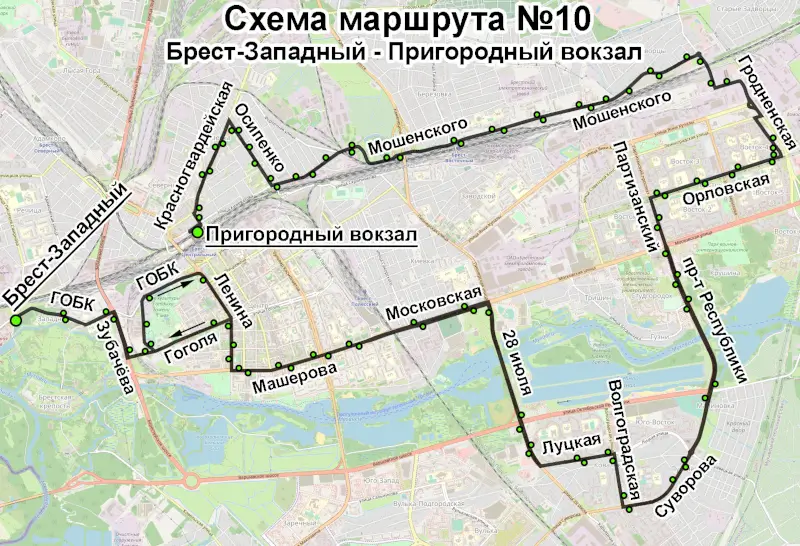 Схема движения маршрутного такси № 10 в Бресте