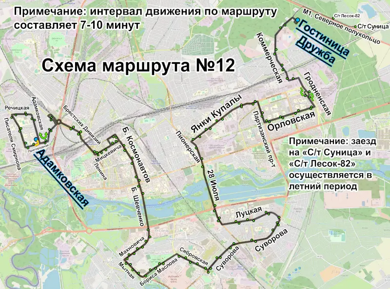 Схема движения маршрутного такси № 12 в Бресте
