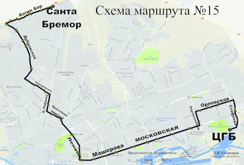 Схема движения маршрутного такси № 15 в Бресте