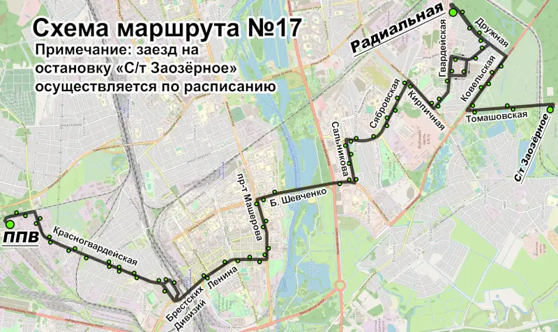 Схема движения маршрутного такси № 17 в Бресте