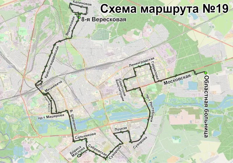 Схема движения маршрутного такси № 19 в Бресте