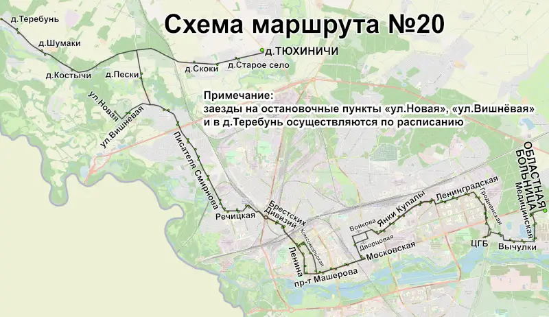 Схема движения маршрутного такси № 20 в Бресте