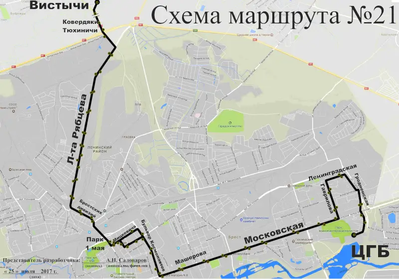 Схема движения маршрутного такси № 21 в Бресте