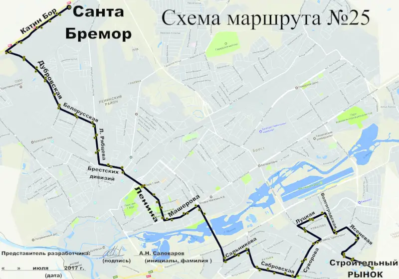 Схема движения маршрутного такси № 25 в Бресте